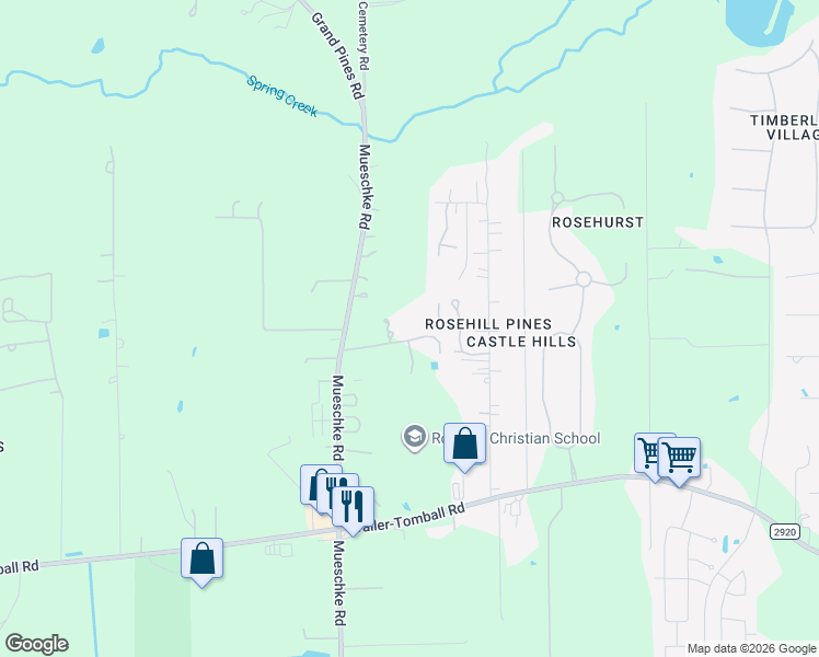map of restaurants, bars, coffee shops, grocery stores, and more near 22414 Mueschke Road in Tomball