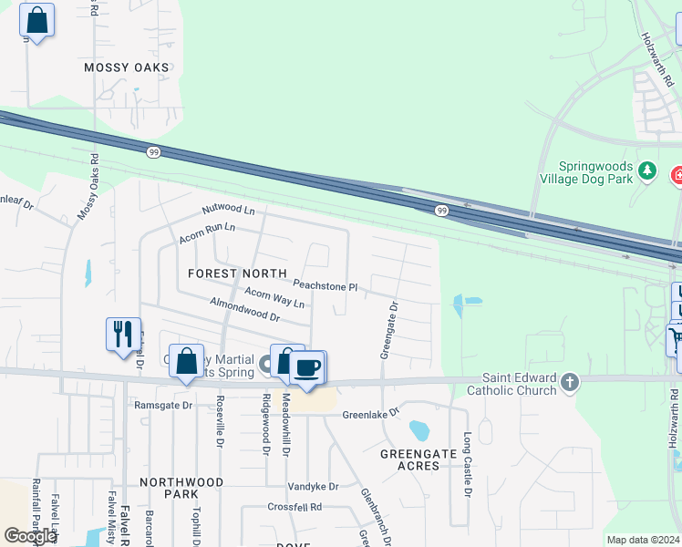 map of restaurants, bars, coffee shops, grocery stores, and more near 22311 Meadowrock Drive in Spring