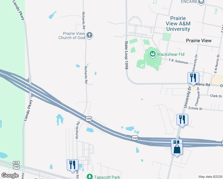 map of restaurants, bars, coffee shops, grocery stores, and more near 45110 Frontage Road in Prairie View