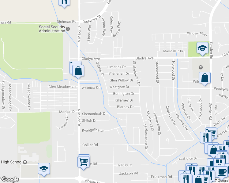 map of restaurants, bars, coffee shops, grocery stores, and more near 7050 Burlington Drive in Beaumont