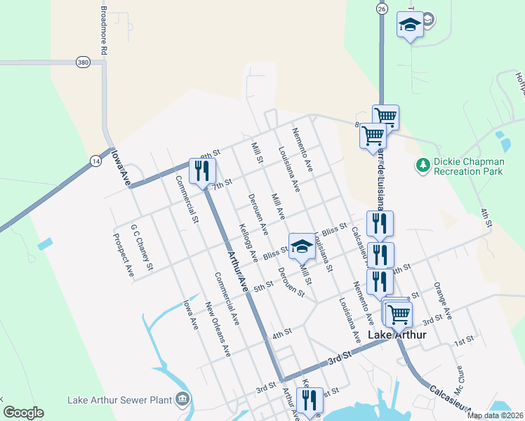 map of restaurants, bars, coffee shops, grocery stores, and more near 6th Street in Lake Arthur