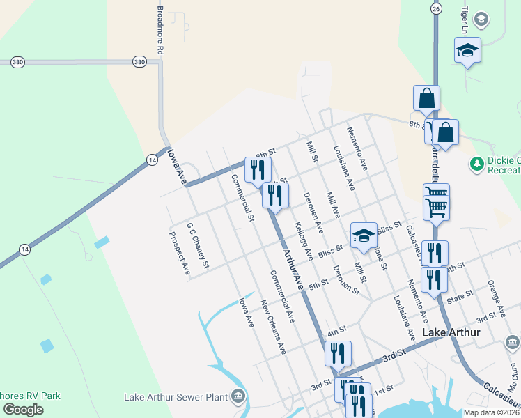map of restaurants, bars, coffee shops, grocery stores, and more near 600-698 Commercial Street in Lake Arthur