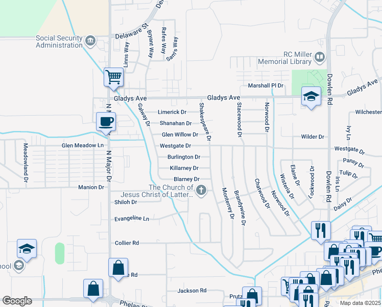 map of restaurants, bars, coffee shops, grocery stores, and more near 6960 Burlington Drive in Beaumont