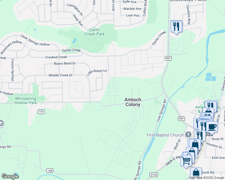 map of restaurants, bars, coffee shops, grocery stores, and more near 122 International Street in Buda