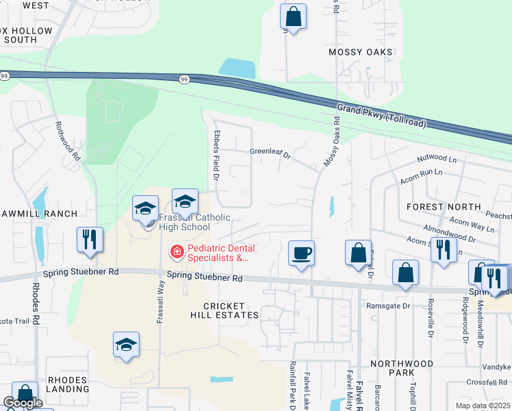 map of restaurants, bars, coffee shops, grocery stores, and more near 22206 Forbes Field Trail in Spring