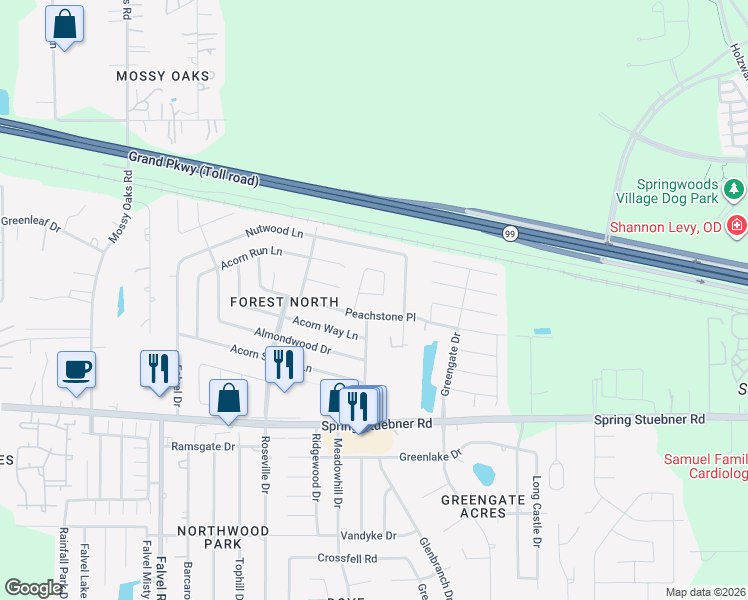 map of restaurants, bars, coffee shops, grocery stores, and more near 3338 Peachstone Place in Spring