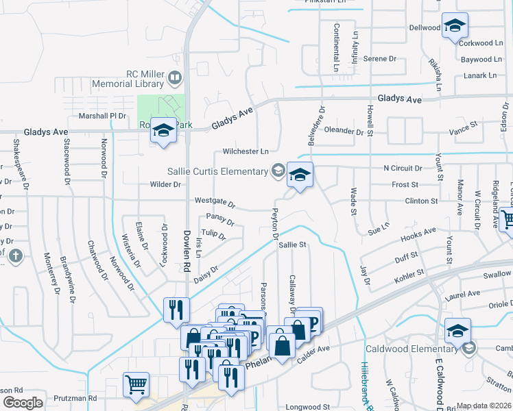 map of restaurants, bars, coffee shops, grocery stores, and more near 6090 Westgate Drive in Beaumont