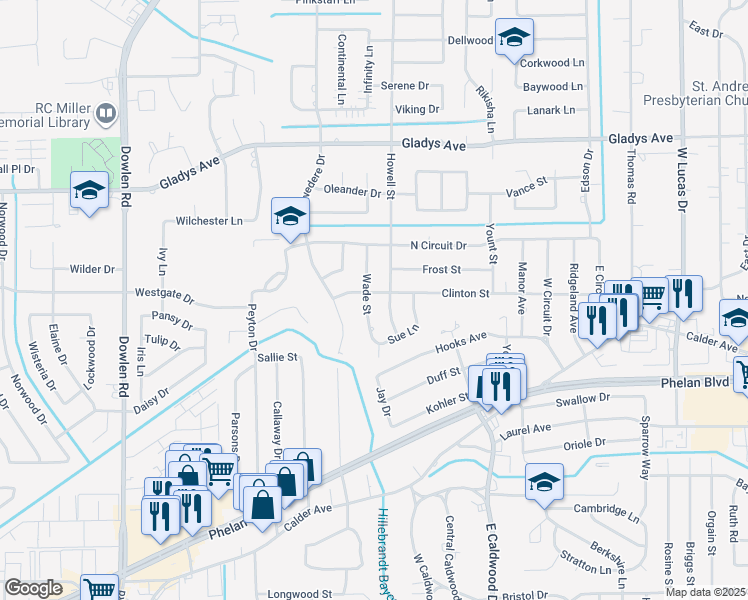 map of restaurants, bars, coffee shops, grocery stores, and more near 670 Wade Street in Beaumont