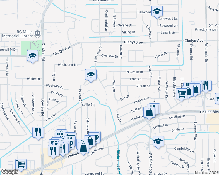 map of restaurants, bars, coffee shops, grocery stores, and more near 670 Wade Street in Beaumont