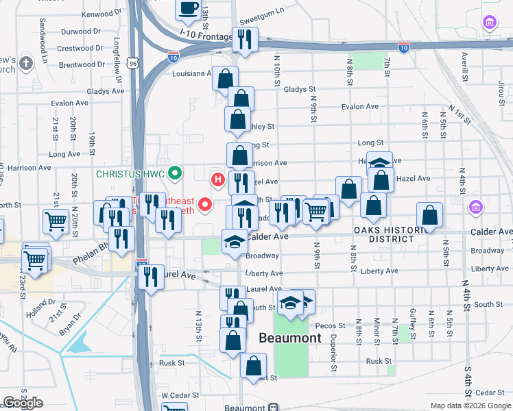 map of restaurants, bars, coffee shops, grocery stores, and more near 2636 Mcfaddin Avenue in Beaumont