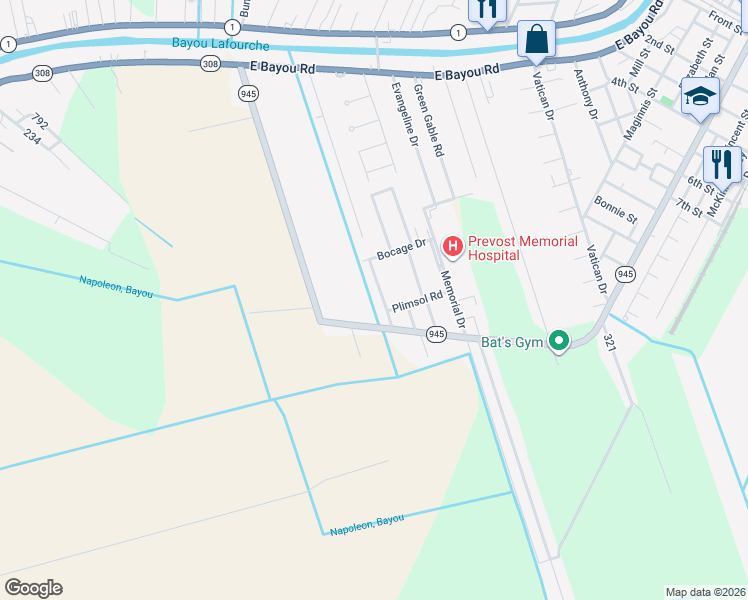 map of restaurants, bars, coffee shops, grocery stores, and more near 104 Oak Ridge Avenue in Donaldsonville