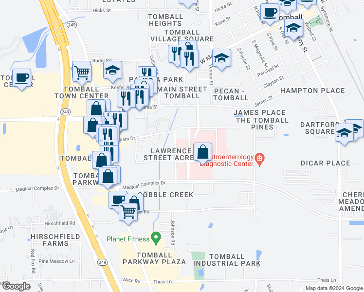 map of restaurants, bars, coffee shops, grocery stores, and more near 615 Lawrence Street in Tomball