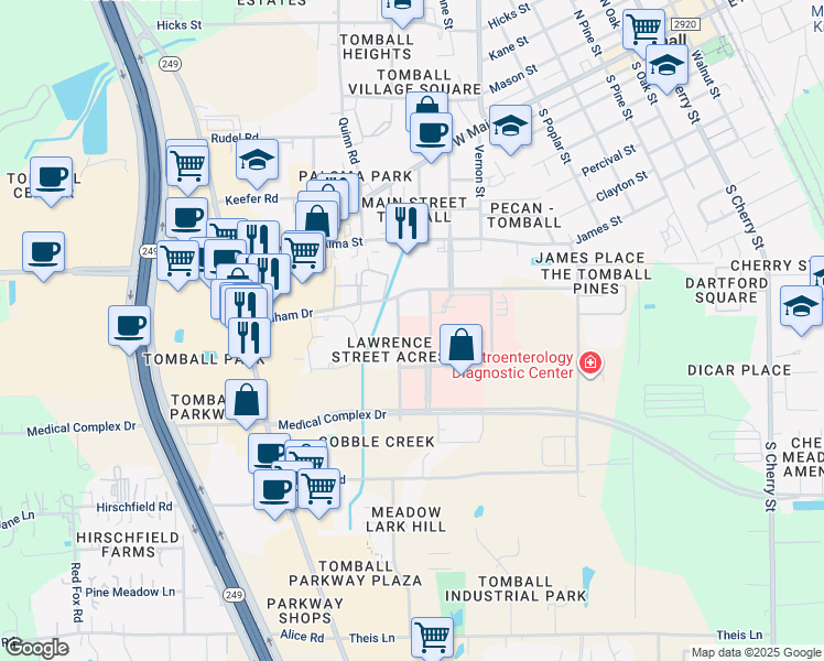 map of restaurants, bars, coffee shops, grocery stores, and more near 615 Lawrence Street in Tomball