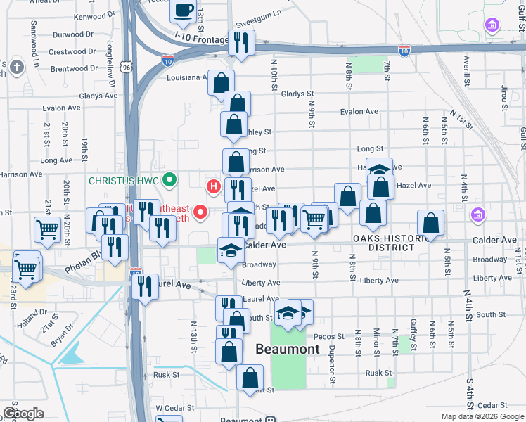 map of restaurants, bars, coffee shops, grocery stores, and more near 2633 North Street in Beaumont