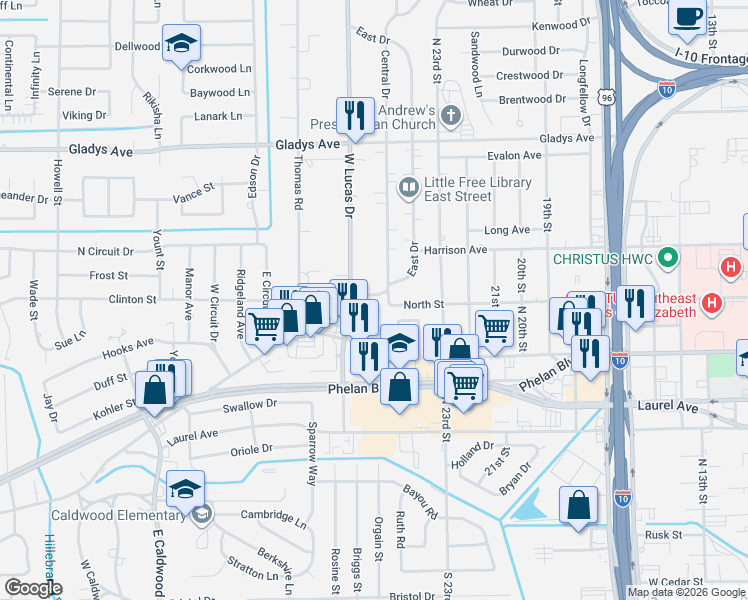 map of restaurants, bars, coffee shops, grocery stores, and more near 3999 North Street in Beaumont
