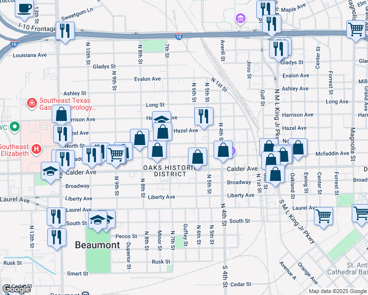 map of restaurants, bars, coffee shops, grocery stores, and more near 2228 Mcfaddin Avenue in Beaumont