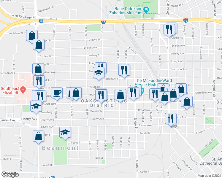 map of restaurants, bars, coffee shops, grocery stores, and more near 2228 Mcfaddin Avenue in Beaumont