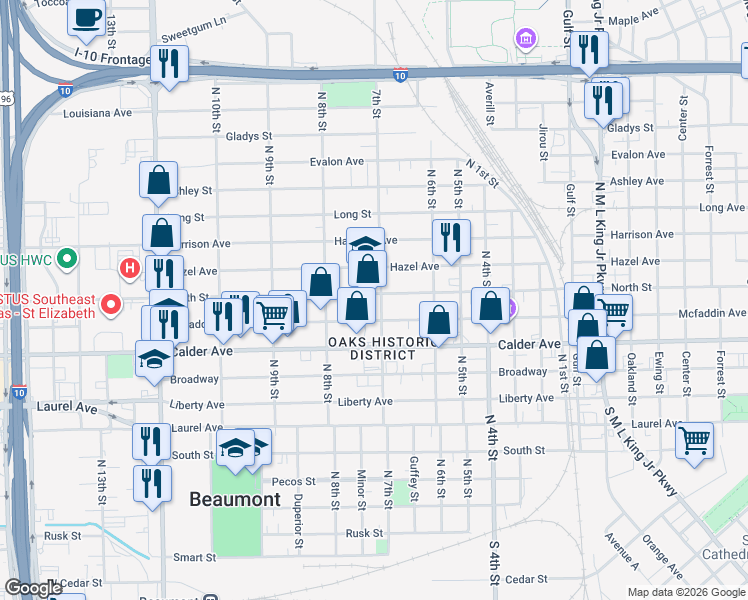 map of restaurants, bars, coffee shops, grocery stores, and more near 2300 Mcfaddin Avenue in Beaumont