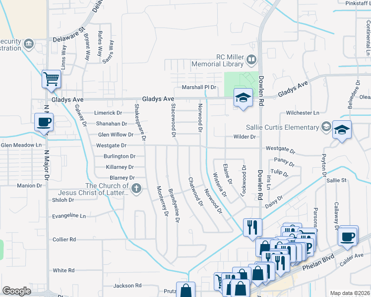 map of restaurants, bars, coffee shops, grocery stores, and more near 1170 Chatwood Drive in Beaumont