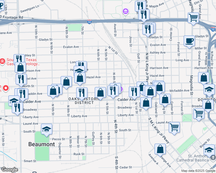map of restaurants, bars, coffee shops, grocery stores, and more near 2000 Mcfaddin Avenue in Beaumont