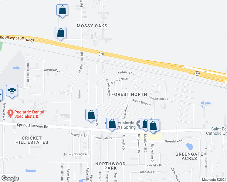 map of restaurants, bars, coffee shops, grocery stores, and more near 22215 Acorn Chase Drive in Spring