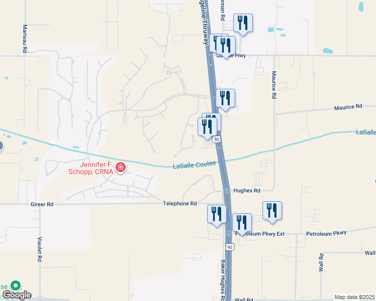 map of restaurants, bars, coffee shops, grocery stores, and more near 202 Capilano Lane in Broussard