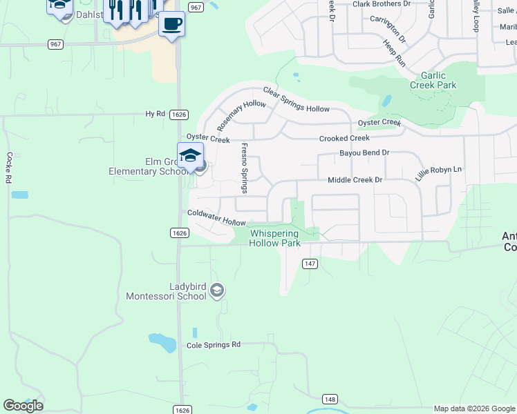 map of restaurants, bars, coffee shops, grocery stores, and more near 261 Mystic Hollow in Buda