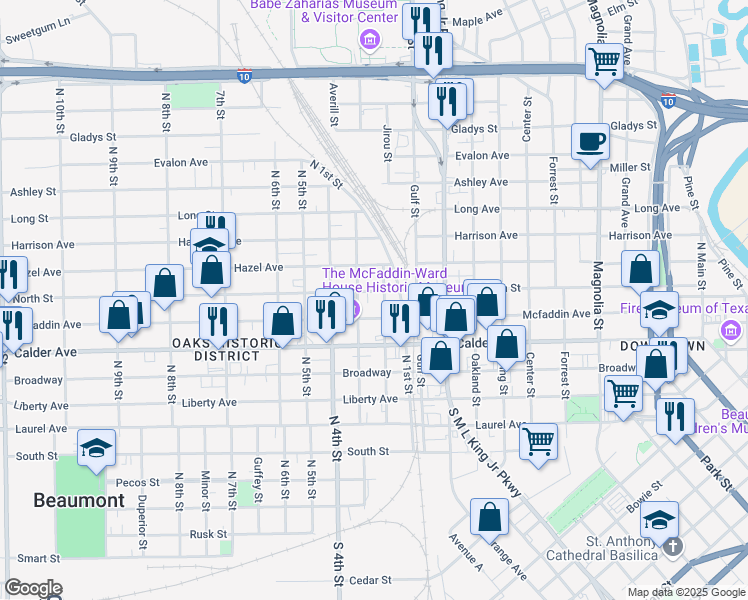 map of restaurants, bars, coffee shops, grocery stores, and more near 1895 Mcfaddin Avenue in Beaumont