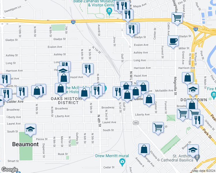 map of restaurants, bars, coffee shops, grocery stores, and more near 1895 Mcfaddin Avenue in Beaumont