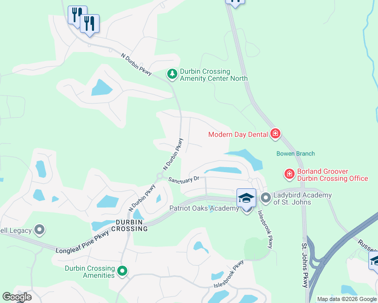 map of restaurants, bars, coffee shops, grocery stores, and more near 442 Heron Landing Road in Saint Johns