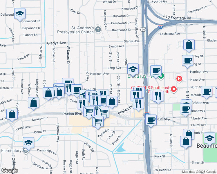 map of restaurants, bars, coffee shops, grocery stores, and more near 685 21st St in Beaumont