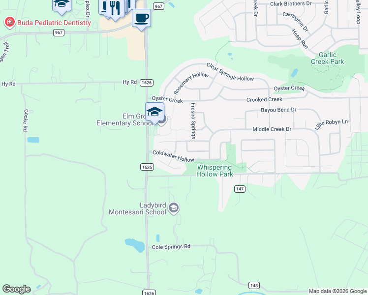 map of restaurants, bars, coffee shops, grocery stores, and more near 170 Ghost Creek in Buda