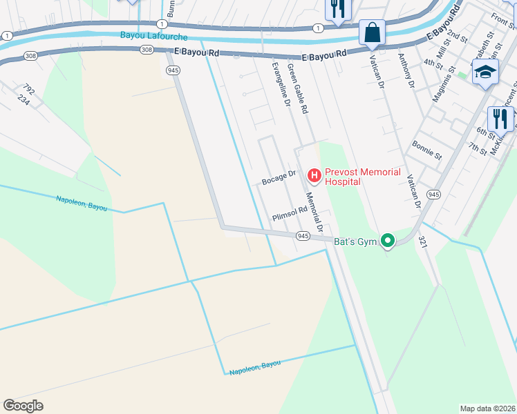 map of restaurants, bars, coffee shops, grocery stores, and more near 104 Oak Ridge Avenue in Donaldsonville