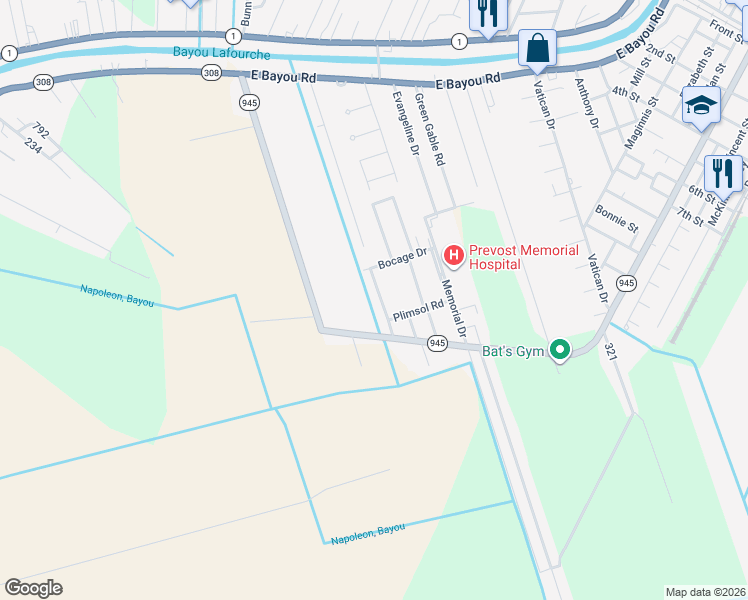 map of restaurants, bars, coffee shops, grocery stores, and more near 104 Oak Ridge Avenue in Donaldsonville