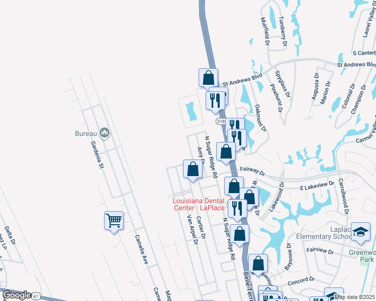 map of restaurants, bars, coffee shops, grocery stores, and more near 2431 South Sugar Ridge Road in LaPlace