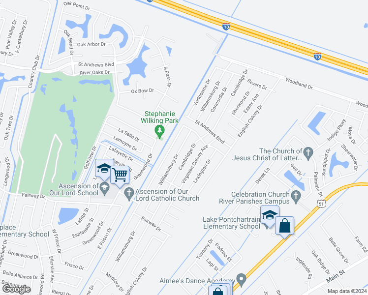 map of restaurants, bars, coffee shops, grocery stores, and more near 2440 Williamsburg Drive in LaPlace