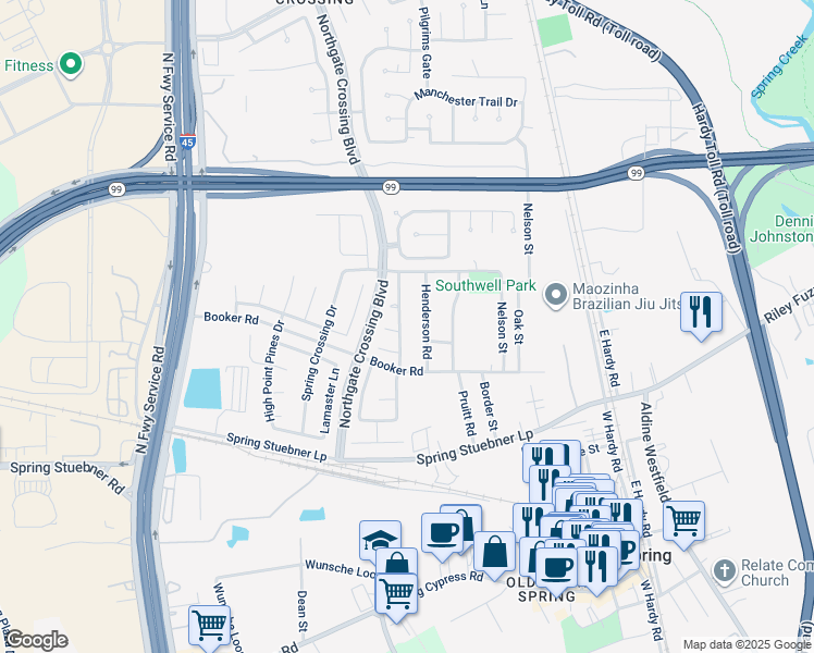 map of restaurants, bars, coffee shops, grocery stores, and more near 702 Pine Thicket Court in Spring