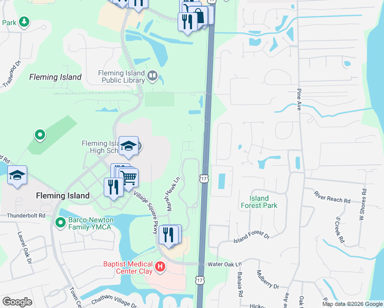 map of restaurants, bars, coffee shops, grocery stores, and more near 15 Marsh Hawk Lane in Fleming Island
