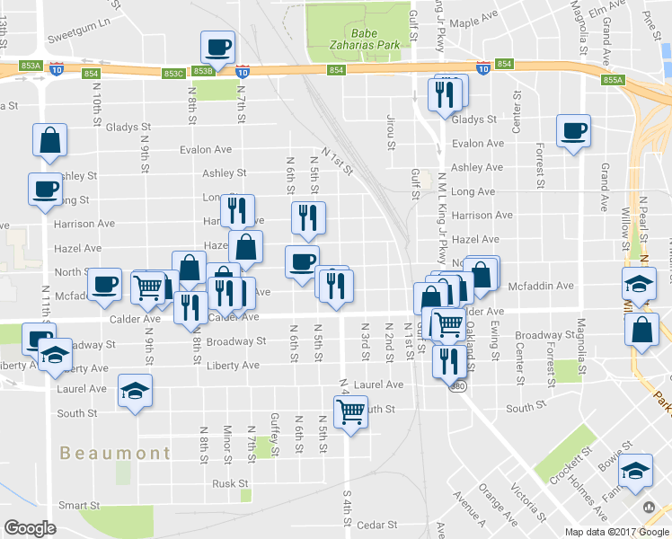 map of restaurants, bars, coffee shops, grocery stores, and more near 777 N 4th St in Beaumont