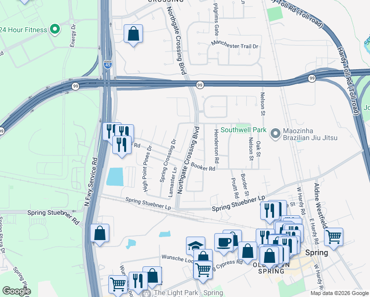 map of restaurants, bars, coffee shops, grocery stores, and more near 22502 Goss Spring Court in Spring