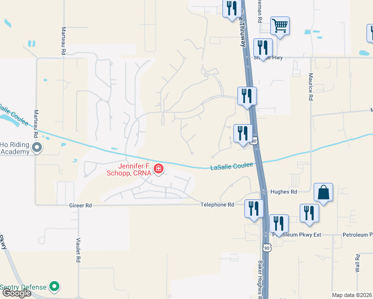 map of restaurants, bars, coffee shops, grocery stores, and more near 102 Mid-Ocean Court in Broussard