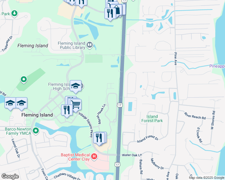 map of restaurants, bars, coffee shops, grocery stores, and more near 308 Marsh Hawk Lane in Fleming Island