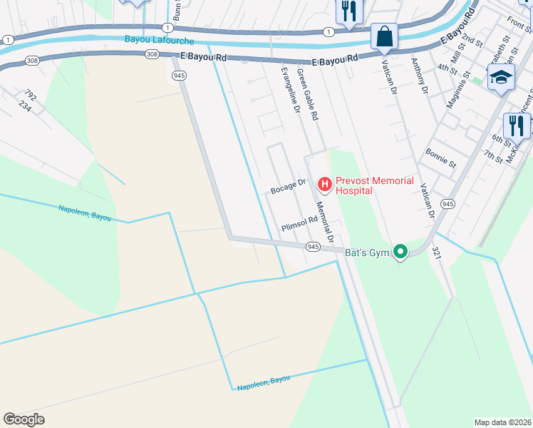 map of restaurants, bars, coffee shops, grocery stores, and more near 106 Oak Ridge Avenue in Donaldsonville