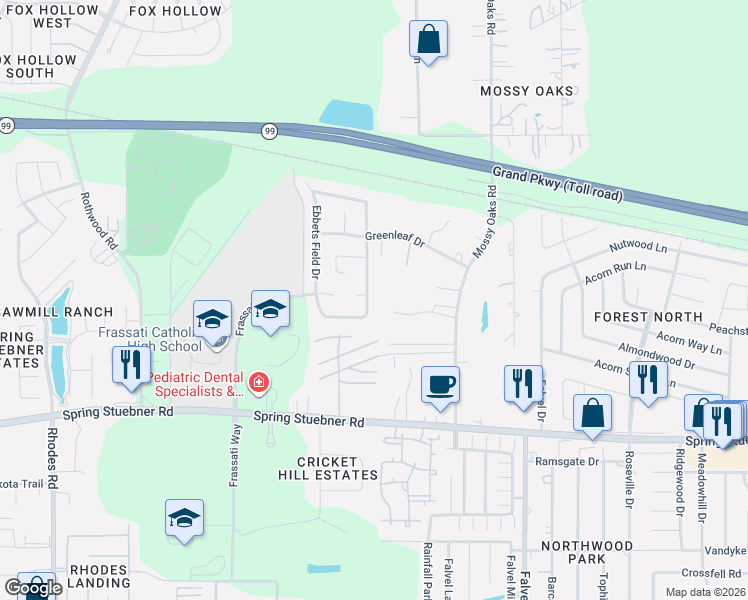 map of restaurants, bars, coffee shops, grocery stores, and more near 22318 Forbes Field Trail in Spring