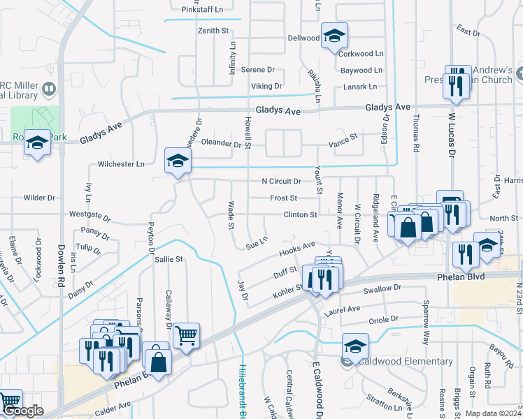 map of restaurants, bars, coffee shops, grocery stores, and more near 5770 Clinton Street in Beaumont