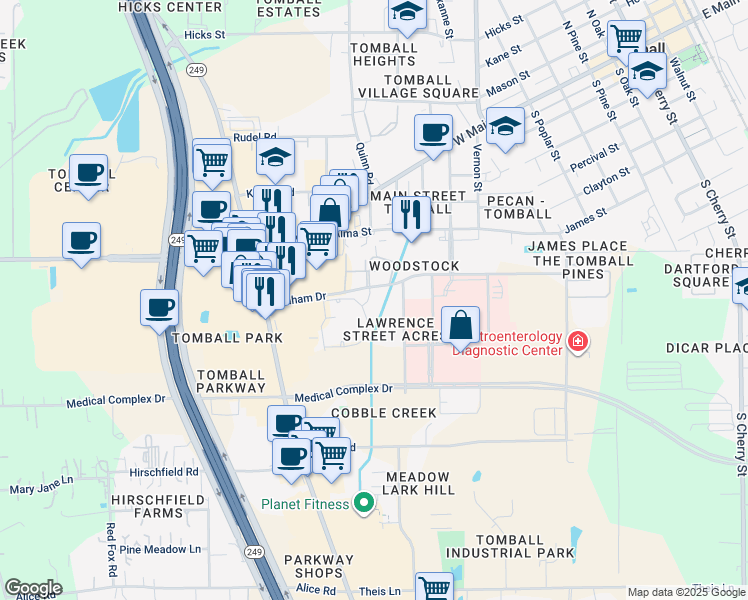 map of restaurants, bars, coffee shops, grocery stores, and more near 1101 Graham Drive in Tomball