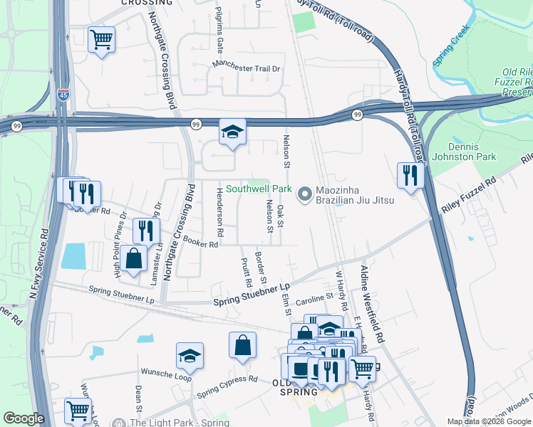 map of restaurants, bars, coffee shops, grocery stores, and more near 27334 Nelson Street in Spring