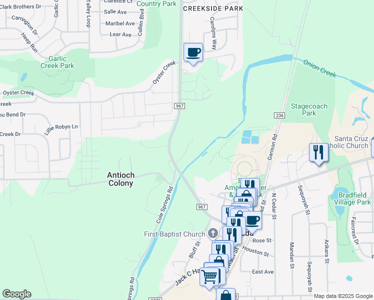 map of restaurants, bars, coffee shops, grocery stores, and more near 592 Farm to Market 967 in Buda
