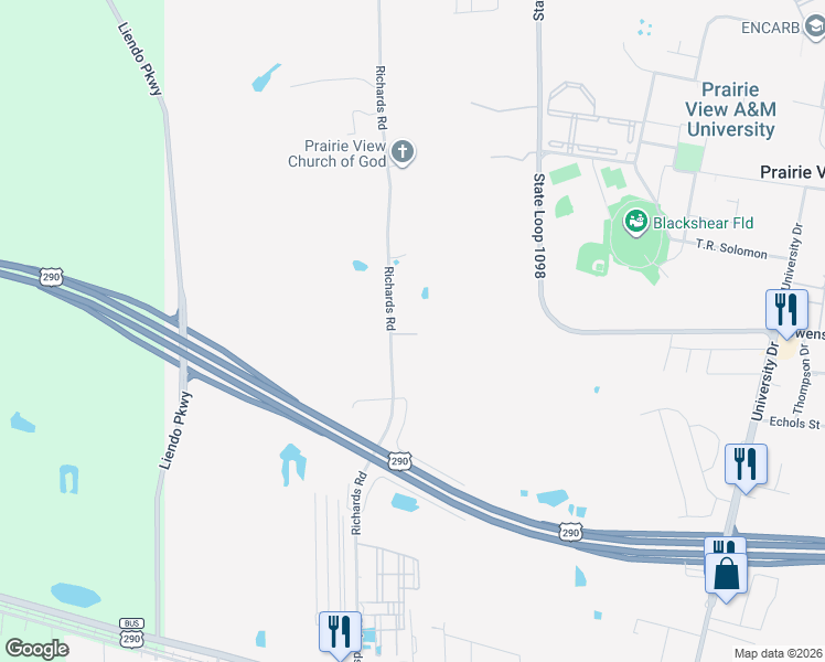 map of restaurants, bars, coffee shops, grocery stores, and more near 23790 Richards Road in Prairie View