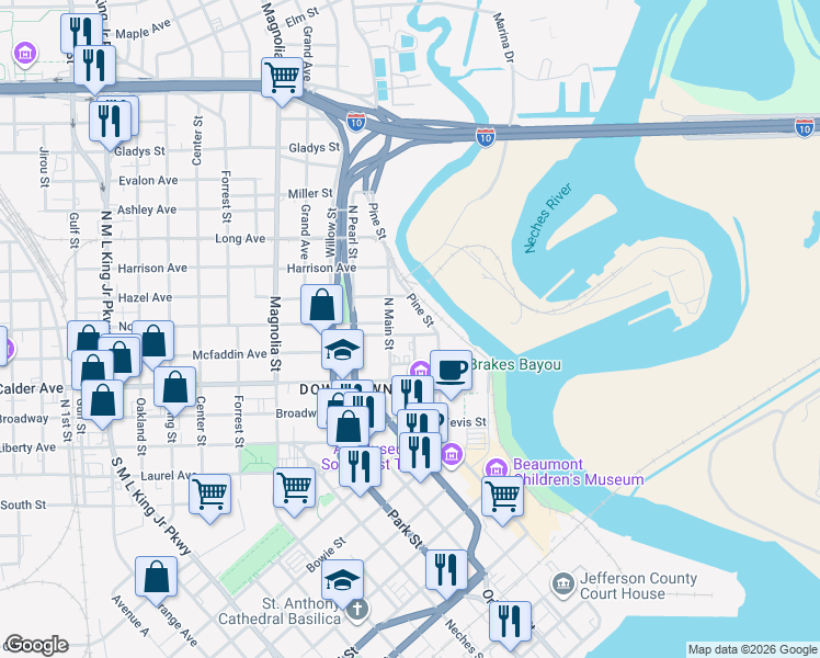 map of restaurants, bars, coffee shops, grocery stores, and more near 520 Magazine Street in Beaumont